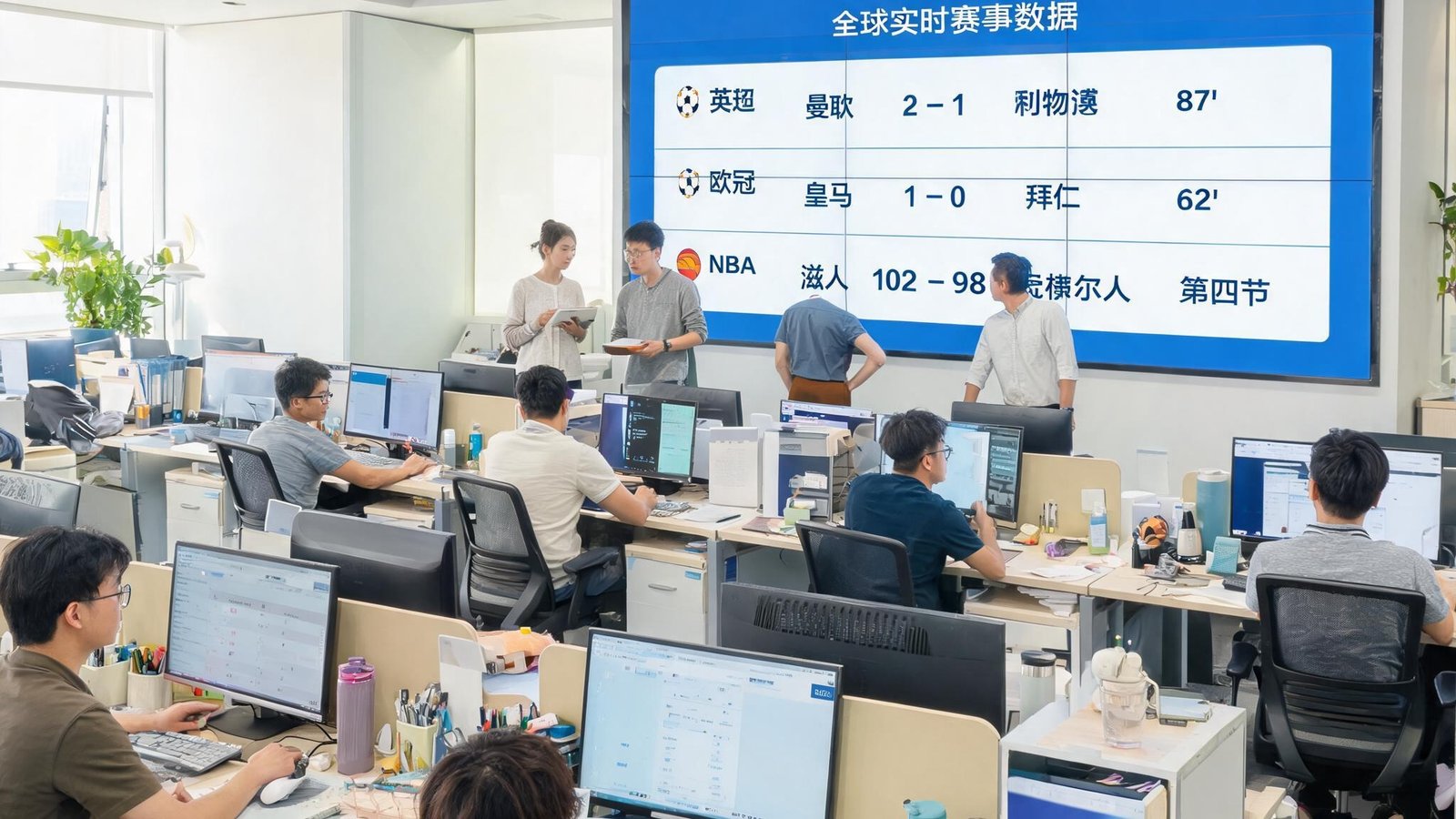 捷报比分团队在开放式办公室内工作，墙上大屏幕实时显示全球赛事数据和比分
