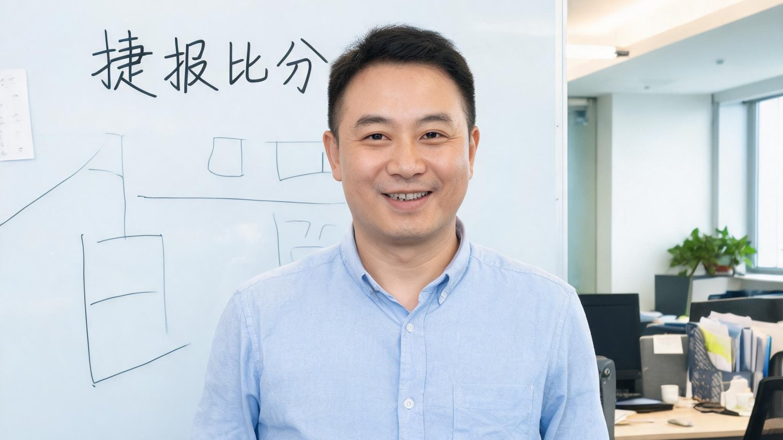 捷报比分创始人张明，穿着休闲衬衫，面带微笑站在办公室白板前